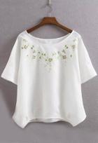 Romwe Embroidered Asymmetrical White T-shirt