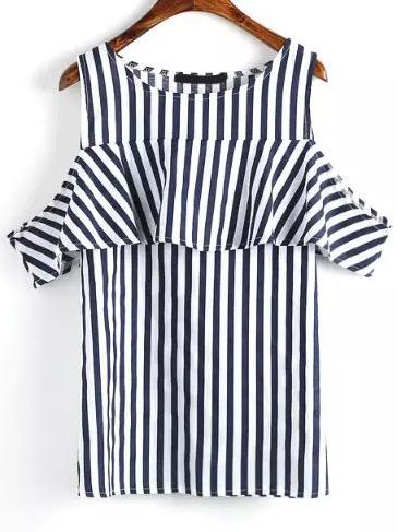 Romwe Open Shoulder Vertical Striped Blue T-shirt