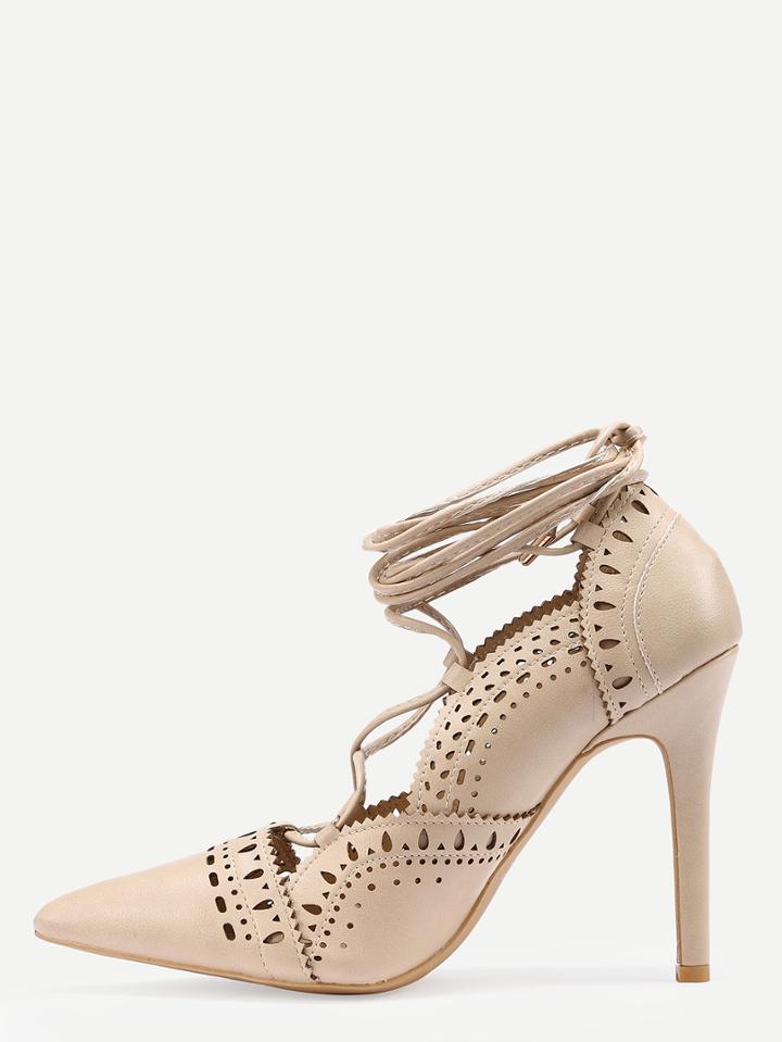 Romwe Apricot Laser Cut Lace-up Pointed Toe Pumps