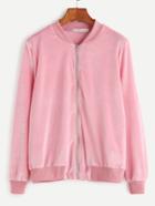 Romwe Pink Velvet Zip Up Bomber Jacket