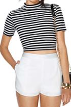 Romwe Romwe Striped Midriff Elastic White-black T-shirt