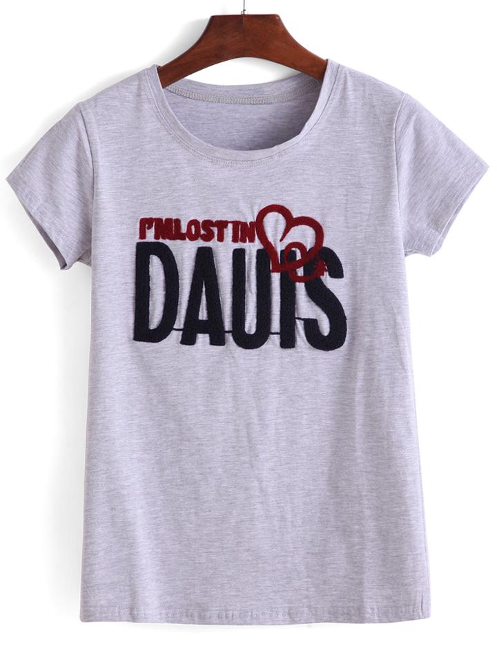Romwe Letter Flocked Grey T-shirt