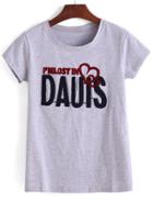 Romwe Letter Flocked Grey T-shirt