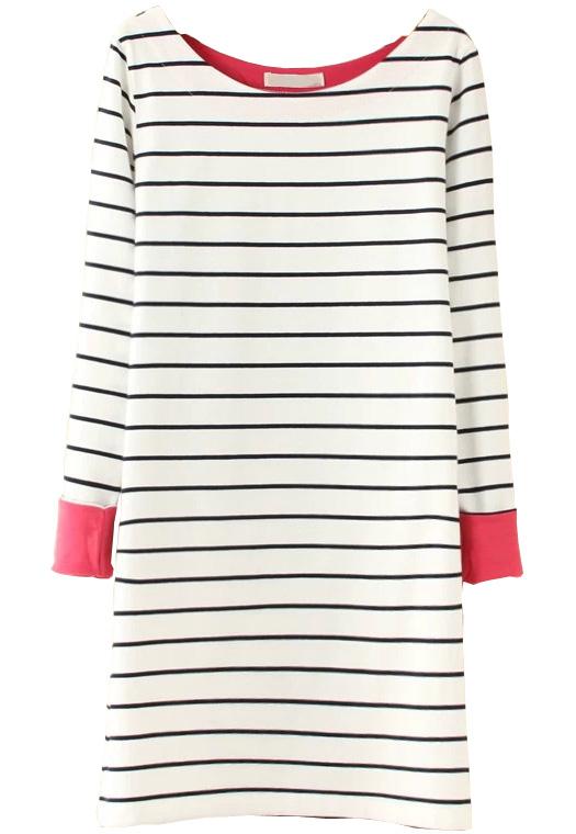 Romwe Striped Contrast Red Cuff White Dress