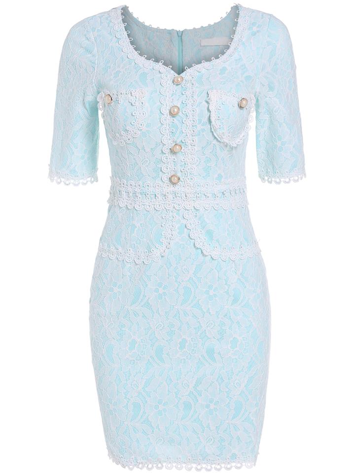 Romwe Heart Shape Collar Half Sleeve Lace Bodycon Dress