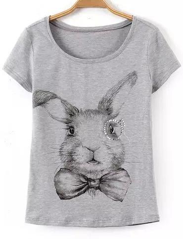Romwe With Diamond Rabbit Print Grey T-shirt