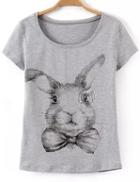 Romwe With Diamond Rabbit Print Grey T-shirt
