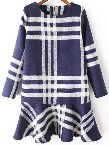 Romwe Plaid Ruffle Blue And White Dress