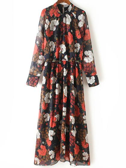 Romwe Florals Keyhole Chiffon Dress