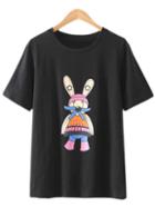 Romwe Black Round Neck Rabbit Printed Casual T-shirt