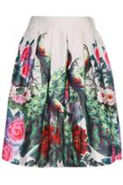 Romwe Flower Print High Waist White Skirt