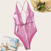 Romwe Metallic Open Back Criss-cross One Piece Swimsuit