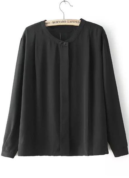 Romwe Round Neck Pleated Chiffon Black Blouse