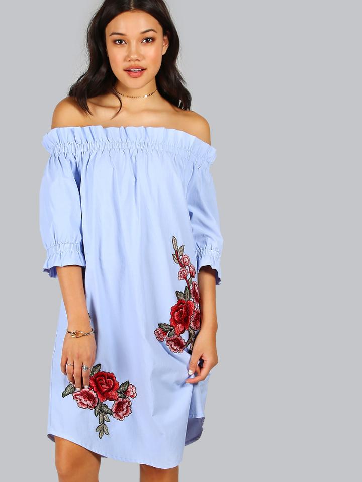 Romwe Off Shoulder Rose Patch Detail Dress