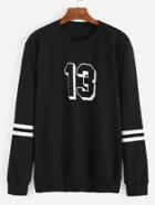Romwe Black Number Print Varsity Striped Sweatshirt