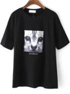 Romwe Cat Patch Embroidered Black T-shirt