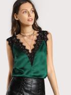 Romwe Lace Trim Double V Neck Satin Top