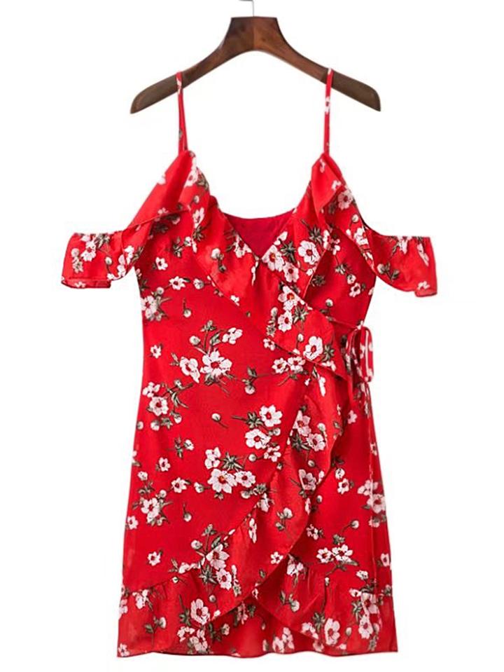 Romwe Cold Shoulder Ruffle Trim Wrap Dress