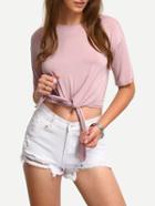 Romwe Pink Knotted Crop T-shirt