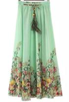 Romwe Drawstring Florals Pleated Pale Green Skirt