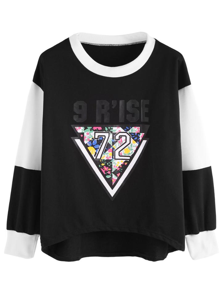 Romwe Color Block Dip Hem Print Sweatshirt