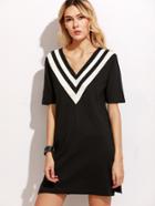 Romwe Black V Striped Trim Slit Side Sweater Dress