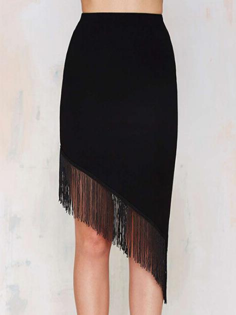 Romwe Fringe Asymmetrical Black Skirt