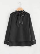 Romwe Contrast Binding Tie Neck High Low Blouse