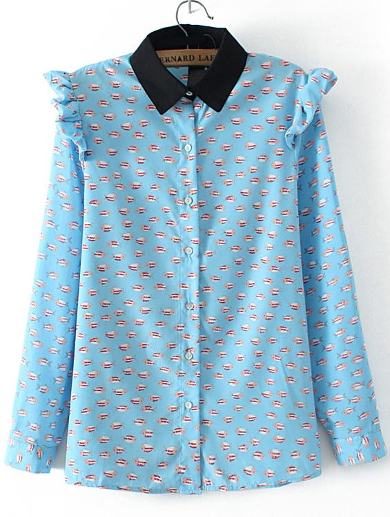Romwe Fish Print Ruffle Blue Blouse