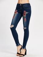 Romwe Embroidered Appliques Frayed Hem Ankle Jeans
