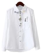 Romwe White Buttons Bow Pocket Front Printed Blouse