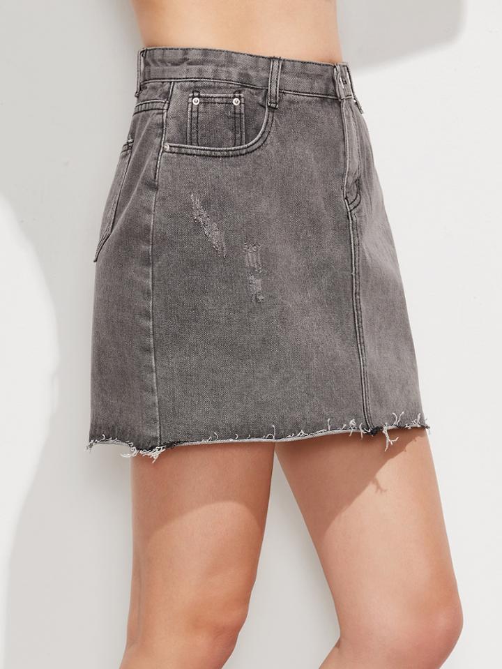 Romwe Grey Raw Hem Denim Skirt