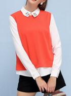 Romwe Polo Neck Contrast Beaded Chiffon Blouse