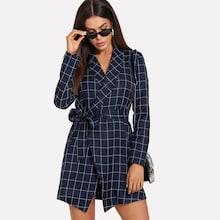 Romwe Shawl Collar Self Tie Wrap Grid Coat