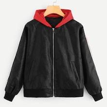 Romwe Tape Detail Zipper Pu Hooded Jacket