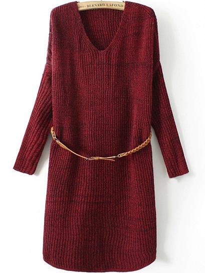 Romwe V Neck Long Sleeve Belt Wine Red Sweater Dress