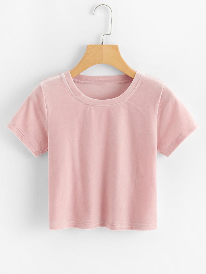 Romwe Velvet Round Neck Crop Tee