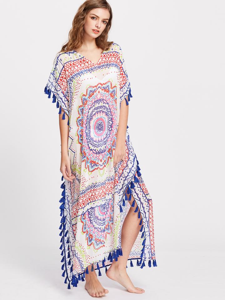 Romwe Tribal Print Tassel Trim Slit Side Cover Up