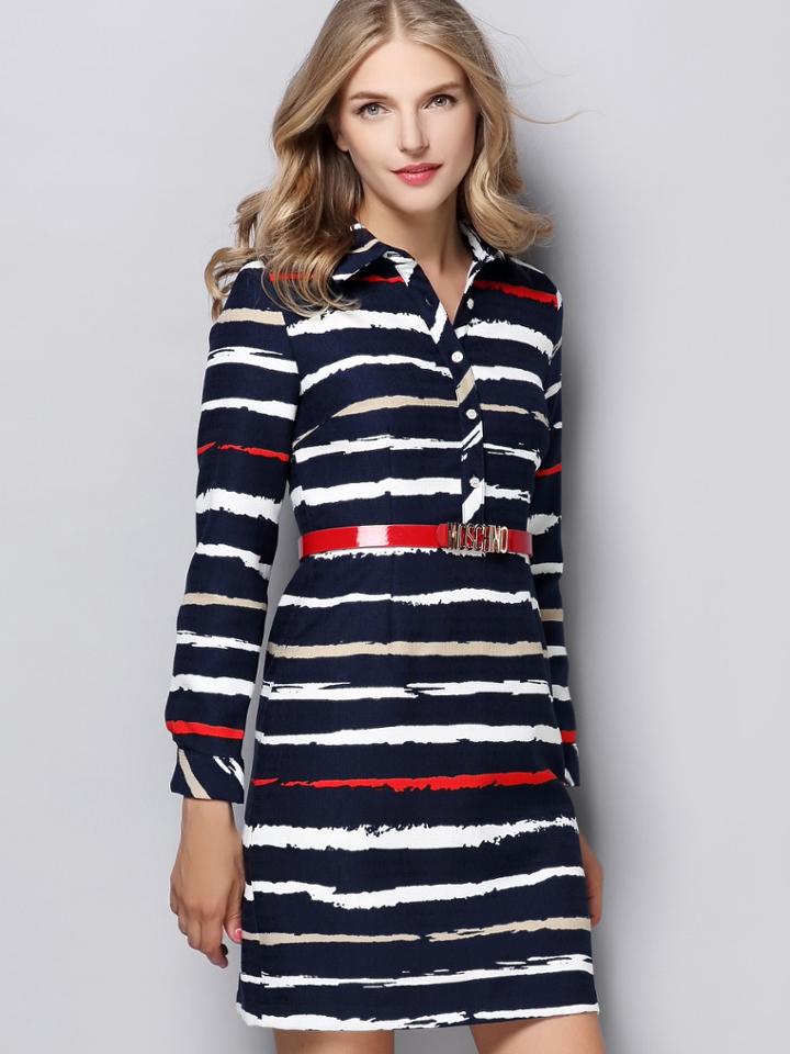 Romwe Multicolor Lapel Long Sleeve Print Drawstring Dress