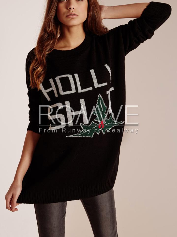 Romwe Black Round Neck Christmas Print Sweater