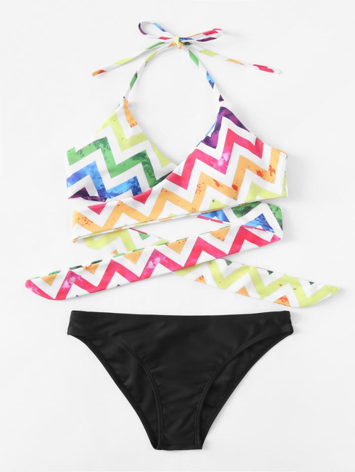 Romwe Chevron Wrap Halter Bikini Set
