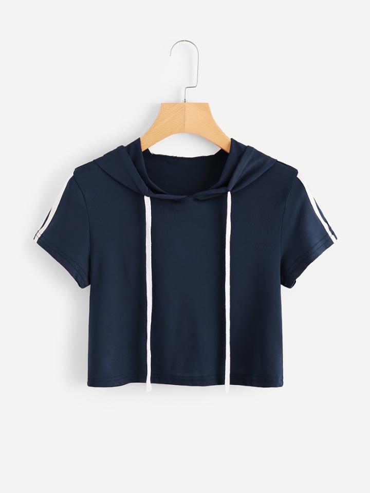 Romwe Striped Tape Sleeve Drawstring Tee