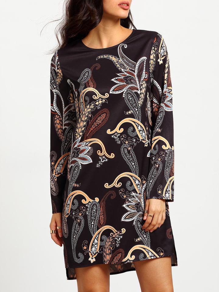 Romwe Black Round Neck Vintage Print Dress