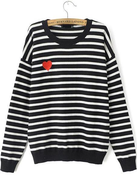 Romwe Heart Print Striped Black Sweater