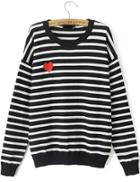 Romwe Heart Print Striped Black Sweater