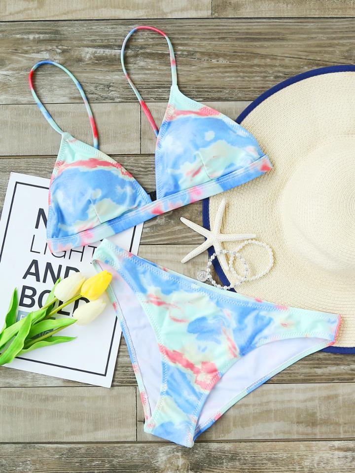 Romwe Light Blue Printed Triangle Bikini Set