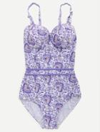 Romwe Purple Printed Open Back Push Up Swimwear