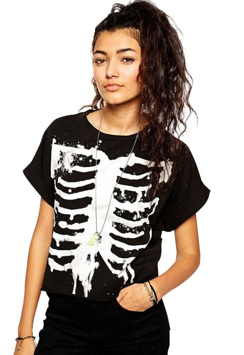 Romwe Skeleton Print Batwing Loose T-shirt