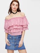 Romwe Striped Layered Flounce Off The Shoulder Top