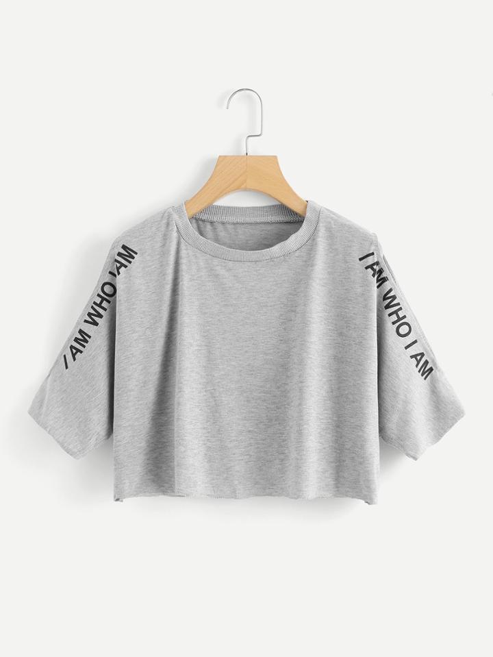 Romwe Slogan Print Raw Hem Crop Tee